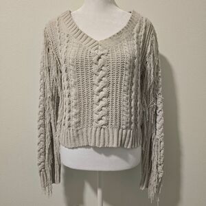Rue 21 Womens Cable Knit Fringe Chunky Sweater V Neck Cream Size Large‎
